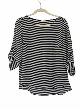 AKRIS Punto 100% Silk Navy White Striped Roll Tab Blouse Large Boatneck Top